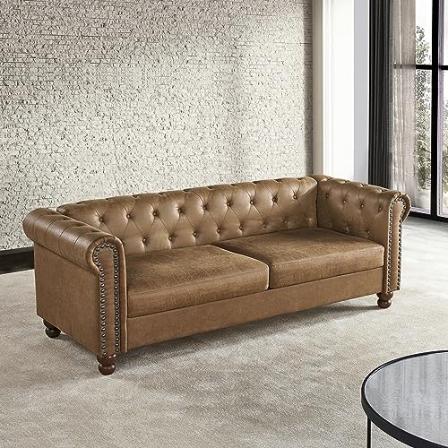 Chesterfield Velvet Sofa Modern Upholstered Sofa Couch Loveseat Classic Tufted Seater for Living Room Bedroom Hoom Office Apartments (Brown)