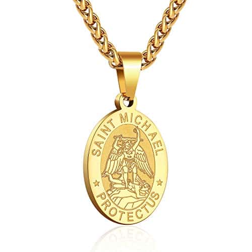 P. BLAKE Gold Plated St. Saint Michael Medal Necklace for Men Boys Stainless Steel Catholic Saint Michael Archangel Pendant Chain